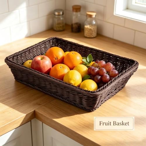 RT&BS Large Wicker Bread Basket for Serving, Wicker Fruit Basket, Display Baskets for Vegetable Fruit, Reusable Handwoven Serving Baskets for Kitchen, Store, Restaurant, Outdoor (Coffee, L) - Image 4