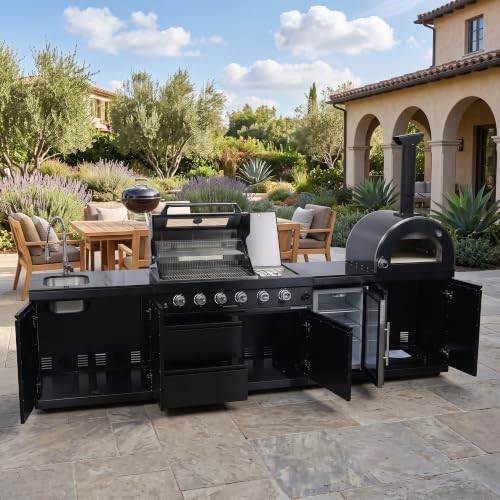 125" Black Outdoor Kitchen Island, 4-Burner Propane Grill Pizza Oven Fridge - Image 4