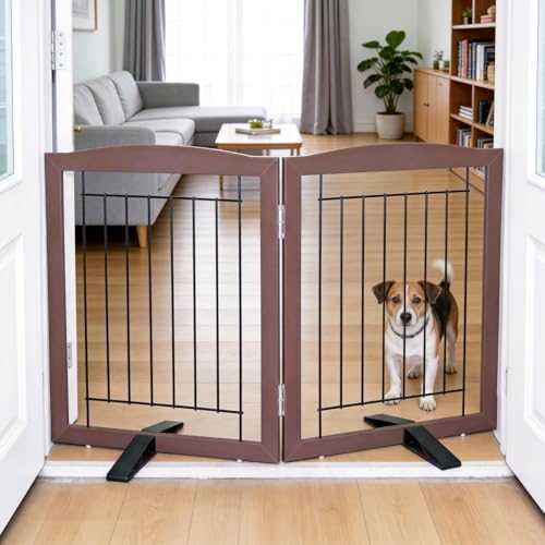 ZJSF Freestanding Dog Fence Indoor, Foldable Dog Gate for Doorways, Stairs or Hallways, Sturdy Wood Extra Wide Pet Gate with Support Feet for The House, Brown, 24 "Height-2 Panels by ZJSF