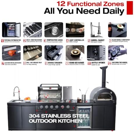 125" Black Outdoor Kitchen Island, 4-Burner Propane Grill Pizza Oven Fridge - Image 3