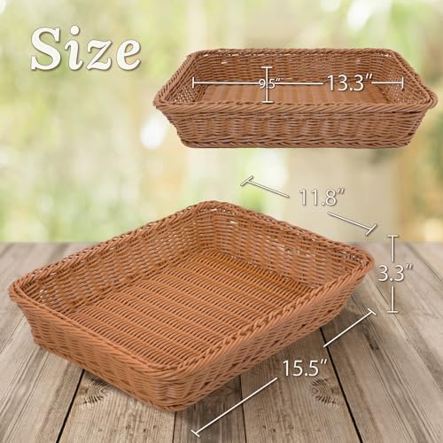 WeeNest Wicker Bread Basket, Rectangle Resin Wicker, 2 pcs, Light Brown - Image 2