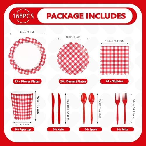 168 Pcs Red Gingham Checkered Party Decorations, Serves 24 - Image 2