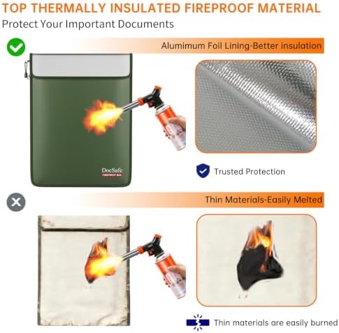 DocSafe Fireproof Document Bag (5200℉) with Fireproof Organizer Travel Case,Heat Insulated Fire＆Water Resistant 8 Layers Safe Money Bag Storage for Important Documents,Cash,Power Bank,Valuables,Green - Image 3