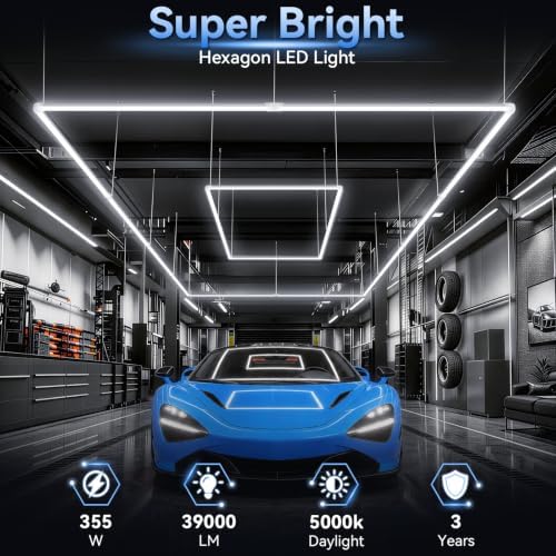 LZHOME LED Garage Lights: Super Bright Suspendable or Surface-Mounted Square Garage Lights, 5000K Natural White LED Lighting Hexagon Shop Light for Warehouse Gym Barber's Shop - Image 2