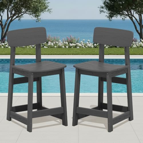 SERWALL Outdoor HDPE Counter-Height Bar Stools Set of 2, Gray - Image 2
