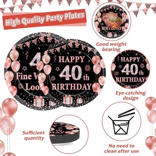 96PCS 40th Birthday Paper Plates and Napkins for 40 Is Fine When You Look 29 Themed Party Supplies Black Rose Gold Dinnerware Set for Women Cheers to Forty Birthday Gatherings Decorations - Image 3