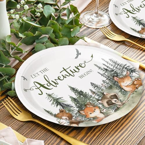 Whaline 72Pcs Let The Adventure Begin Party Supplies Woodland Forest Animal Disposable Tableware Set Paper Plates Napkins for Baby Shower Neutral Adventure Birthday, Serves 24 - Image 6