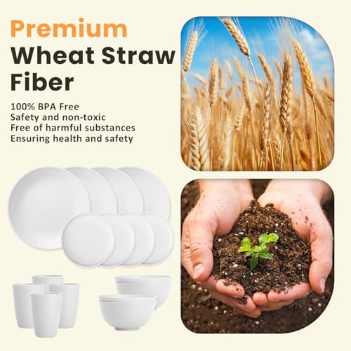 Homienly Wheat Straw Dinnerware Sets - 16 PCS Unbreakable Dinner Plates,Dessert Plates,Cereal Bowls,Drinking Cups,Dishes Sets for 4，Reusable Dishwasher & Microwave Safe for Kitchen - White - Image 3