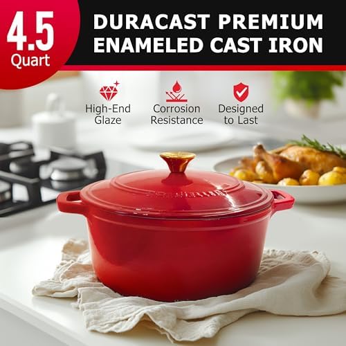 MUELLER HOME 4.5 QT Enameled Cast Iron Dutch Oven, Heavy-Duty Casserole Dish and Braiser Pan with Lid and Stainless Knob, Oven-Safe up to 500° F & Across All Cooktops, Red - Image 2