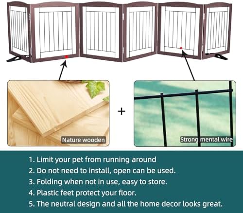 ZJSF Freestanding Dog Fence Indoor, Foldable Dog Gate for Doorways, Stairs or Hallways, Sturdy Wood Extra Wide Pet Gate with Support Feet for The House, Brown, 24 "Height-6 Panels - Image 6