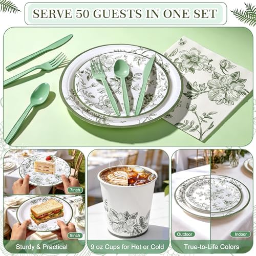 400 Pcs Disposable Sage Green Floral Tableware Set for 50 Guests - Image 6