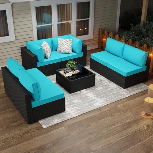 JAMFLY 7-Piece Outdoor Patio Furniture Set, Modular PE Rattan Sectional Sofa with Thick Cushions & Glass Coffee Table, Weather-Resistant Wicker Conversation Set for Poolside, Balcony, Garden, Blue - Image 7