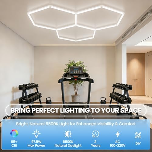 Hexagon Garage LED Ceiling Light 98W, 11700 Lumens, 6500K Ultra-Bright Expandable DIY Design Ideal for Auto Detailing, Workshops, Basements, Barber Shops, Gyms, and More (3 Pack) - Image 2