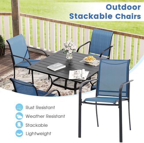 VICLLAX 7 Pieces Patio Dining Set, Outdoor Furniture Set Includes 47.2" Round Patio Table and 6 Patio Sling Chairs, Black Tabletop and Blue Fabric - Image 4