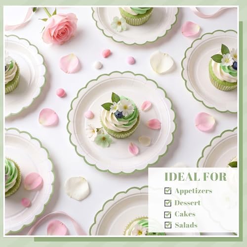 NatNarr 30 Pk Sage Green Plates 7" Scalloped Green White Dessert Cake Plate - Image 4