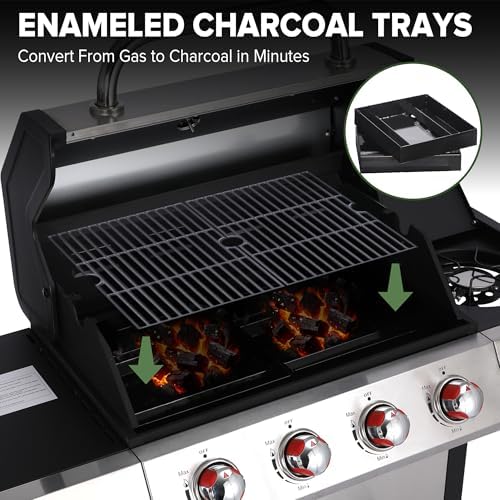 Gas and Charcoal Grill Combo with Side Burner, 4-Burner Propane Grill and Griddle Combo with Porcelain-Enameled Cast Iron Grates & Double-Wall Insulated Lid, 49,000 BTU Outdoor BBQ Grill - Image 4