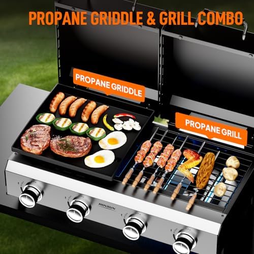 Bonnlo 4 Burners Gas Flat Top Grill and Griddle Combo with Lid, Powerful 40,000 BTU Grills with Integrated Ignition & Heat-resistant coating, Camping Grill with Simple Control Knob for Outdoor BBQ Use - Image 3