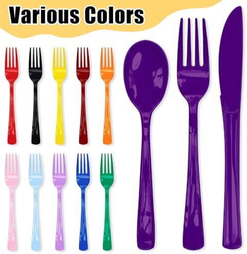 HEIPINIUYE 75 Pack Purple Plastic Cutlery Heavy Duty Purple Plastic Knives Forks and Spoons Disposable Silverware Set for 25 Guest Camping Birthday Baby Shower Party Cutlery Set - Image 4