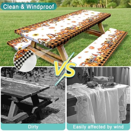 Fall Picnic Table Cover with Bench Covers, Camping Essentials, Thanksgiving Buffalo Plaid Floral Waterproof Windproof, Fitted Tablecloth Cover with Elastic Edge, Indoor & Outdoor, 3 PCS, 30x60 Inch - Image 5