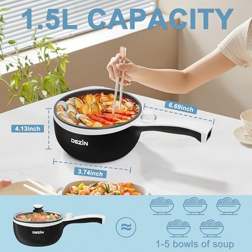 Dezin Hot Pot Electric with Steamer, 1.5L Non-Stick Portable Electric Pot - Image 2