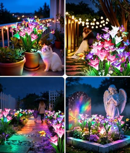 KOOPER Solar Lights Outdoor Garden Decor 10 Pack, 40 Lily Flowers and 30 Swaying Butterflies, IP65 Waterproof 7 Color Changing Solar Flower Lights for Yard Patio Pathway, Gifts for Mom Women Grandma - Image 6