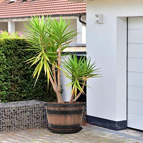 Quarut Large Plastic 4 Pack14 inch Plant Pots,Whiskey Barrel Planters with Drainage Holes & Saucer.Flower Pots Imitation Wine Barrel Design for Indoor & Outdoor Garden Balcony Plants.5 Gallons(Brown) - Image 7