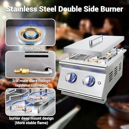 Double Grilling Side Burners for Outdoor Kitchen, 2 * 17,000BTU Nature Gas Burners, Convertible to Liquid Propane, Duty Heavy 304 Stainless Steel, Built-in Side Burner for BBQ Island Grill - Image 3