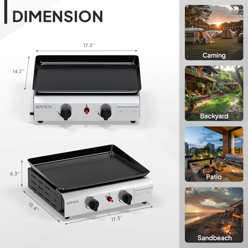 ROVSUN 2 Burner Portable Propane Griddle with Nonstick Enameled Tray, 20,000 BTU Tabletop Flat Top Gas Grill with Electronic Ignition & Regulator for Outdoor Cooking Camping BBQ Tailgating Picnicking - Image 6