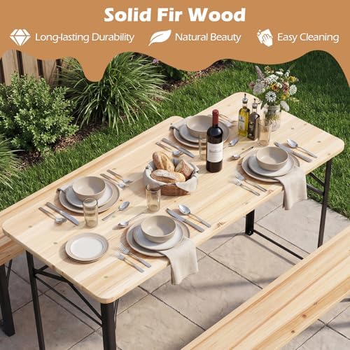 Tangkula 3 Piece Folding Picnic Table with 2 Benches, Foldable Wood Picnic Table Bench Set with Heavy-Duty Metal Frame for 4, Space-Saving Outside Table and Bench Set for Backyard, Patio, Garden - Image 3