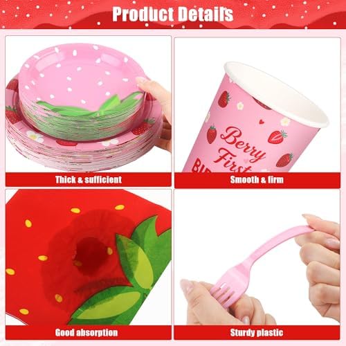 Kochorie 400 Pieces Strawberry Disposable Tableware Sets, Summer Fruit Party Supplies with Strawberry Birthday Party Plates Cups Napkins Cutlery Serves 50 for Berry First Birthday Decorations - Image 3