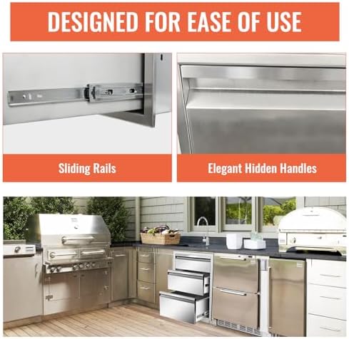 Outdoor Kitchen Drawers Stainless Steel Triple BBQ Drawers with Chrome Handle Flush Mount 18" W x 24" H x 23" D for Outdoor Kitchen Island Patio Grill Station - Image 4