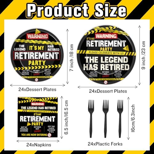 96PCS Retirement Party Plates and Napkins Retirement Party Supplies for Men Women Warning Caution Logos Disposable Dessert Paper Plates Funny Legend Retired Tableware Farewell Birthday Decorations - Image 2