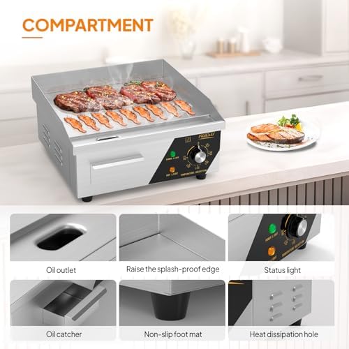 ROVSUN 14" Electric Countertop Flat Top Griddle, 1500W Electric Griddle, Teppanyaki Grill Stainless Steel with Adjustable Temperature Control 122°F-572°F for Home Restaurant Commercial - Image 6