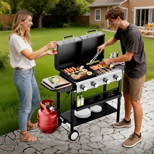 Bonnlo 2 in 1 Propane Flat Top Grill and Griddle Combo with Lid, Powerful 40,000 BTU Grills with Side Shelves & Integrated Ignition, 4 Burners Grill with Movable Wheels for Outdoor BBQ Camping Use - Image 7