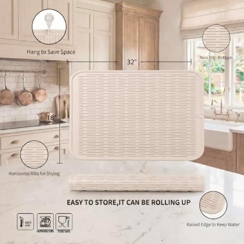 MicoYang Silicone Dish Drying Mat for Multiple Usage,Easy clean,Eco-friendly,Heat-resistant Silicone Mat for Kitchen Counter or Sink,Refrigerator or Drawer Liner Tapioca 4XL 32 inches x 18 inches - Image 2