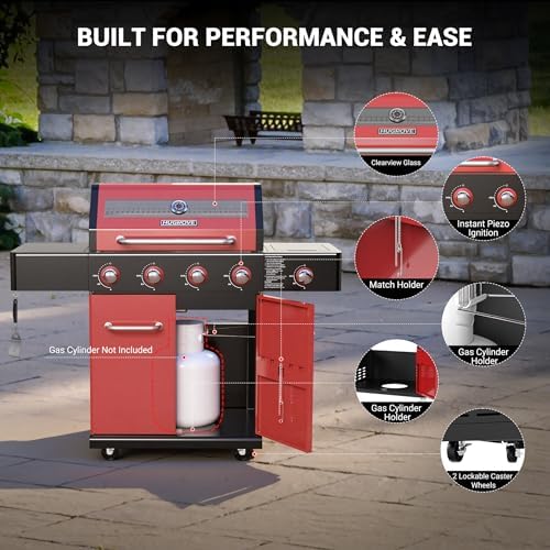HUGROVE 4-Burner Liquid Propane Gas Grill, 56,000 BTU with Side Burner Red - Image 6