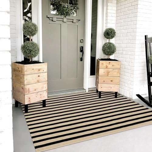 OJIA Washable Outdoor Rug 3'x5' Black and Tan Striped Porch Rug Patio Rugs - Image 2