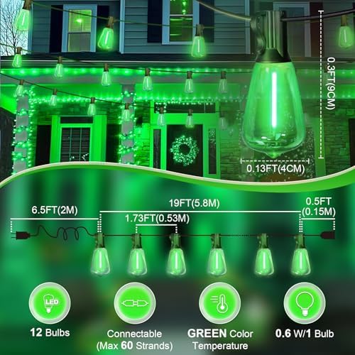 LAMPHOME 4-Pack 26Ft ST38 Green St Patrick's Day Patio Lights，Outdoor String Light with 12+1 Shatterproof LED Edison Bulbs, Waterproof String Lights for Bistro Christmas Party Decor - Image 3