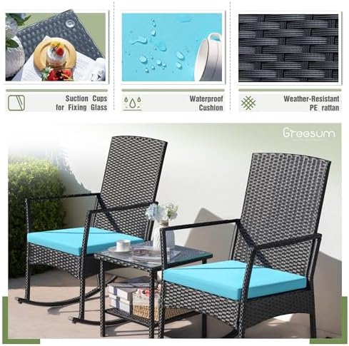 Greesum 3 Pieces Patio Furniture Set Outdoor Wicker Rocking Chairs,Blue - Image 7