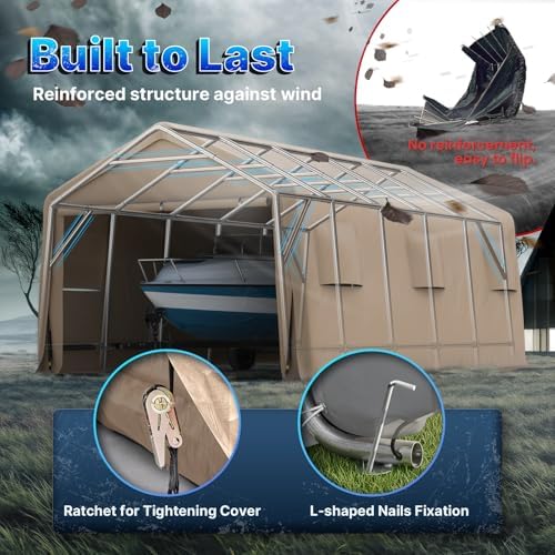 ADVANCE OUTDOOR 13x20 ft Carport 2 Roll up Doors & Vents Outdoor Portable Storage Shelter Garage Tent for Vehicle Boat Truck Anti-UV Snow Resistant Waterproof, Beige - Image 4