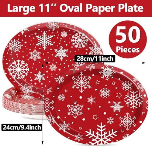 Qyeahkj 50 Pcs Winter Oval Paper Plates Disposable Large 11" Winter Snowflake Plates Red and White Party Platters Decoration Supplies for Xmas Holiday Party Dinner Serving Dish Tableware Decor - Image 2