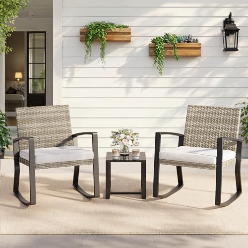 Qsun 3 Pieces Outdoor Patio Furniture Set Rocking Bistro Set, Outdoor Patio Furniture Set with Coffee Table for Garden Balcony Backyard Poolside (Light Grey Cushion) - Image 4
