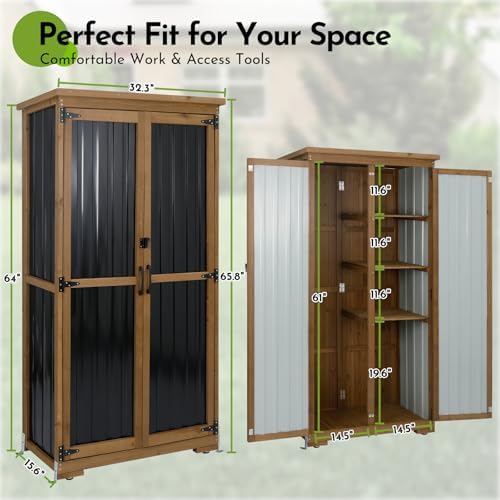 Outdoor Storage Cabinet with Shelf, Wood & Metal Storage Shed with Waterproof Roof & Lockable Doors,Tall Outdoor Cabinets for Patio Backyard, Gardening Tools and Accessories, Brown - Image 5