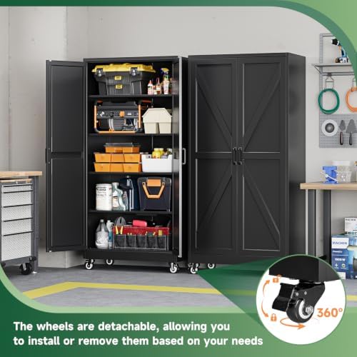 Letaya Metal Garage Storage Cabinet with Wheels,71" Black Tool Steel Locker - Image 4