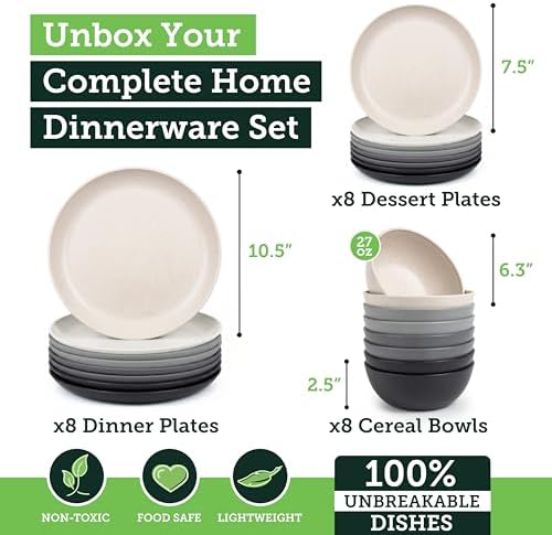 Grow Forward 24-piece Premium Wheat Straw Dinnerware Sets for 8 - Unbreakable Dishwasher & Microwave Safe Plastic Plates and Bowls Sets - Patio, Outdoors, RV, Camping Dishes - Moonlight - Image 3