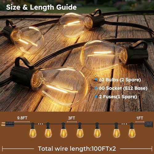 GvvooHome S11 LED Outdoor String Lights 200FT, Shatterproof & Waterproof Patio Lights with 62 Plastic Bulbs for Porch, Deck, Garden, Backyard, Balcony, 2700K Dimmable - Image 6