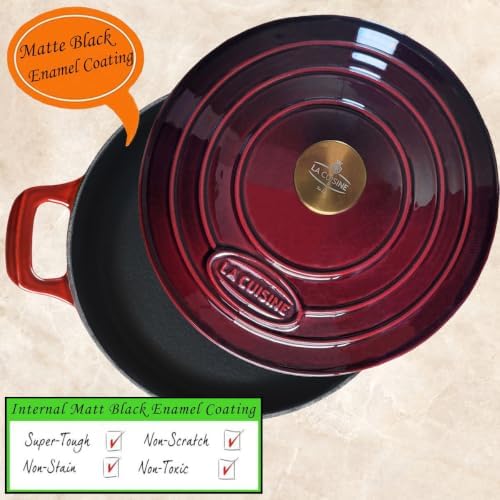 La Cuisine Enameled Cast Iron Braiser Sauté Pan Shallow Dutch Oven with Golden Knob for Lid Internal Matt Black Enamel 3.75 QT 11" / 28cm Ø Oven-Safe 550°F/276°C, Cranberry - Image 3