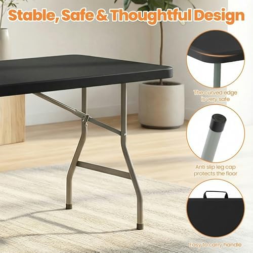 8 Feet Foldable Picnic Table with 10 Folding Chairs for 10, Black - Image 4
