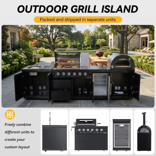125" Black Outdoor Kitchen Island, 4-Burner Propane Grill Pizza Oven Fridge - Image 6