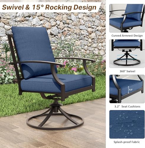 ALAULM 7-Piece Patio Dining Set with 14FT Patio Umbrella,Outdoor Dining Set with 6 Swivel Chairs & Rectangle Table with1.5 Umbrella Hole, Patio Dining Table and Chairs for Backyard,DarkBlue - Image 3